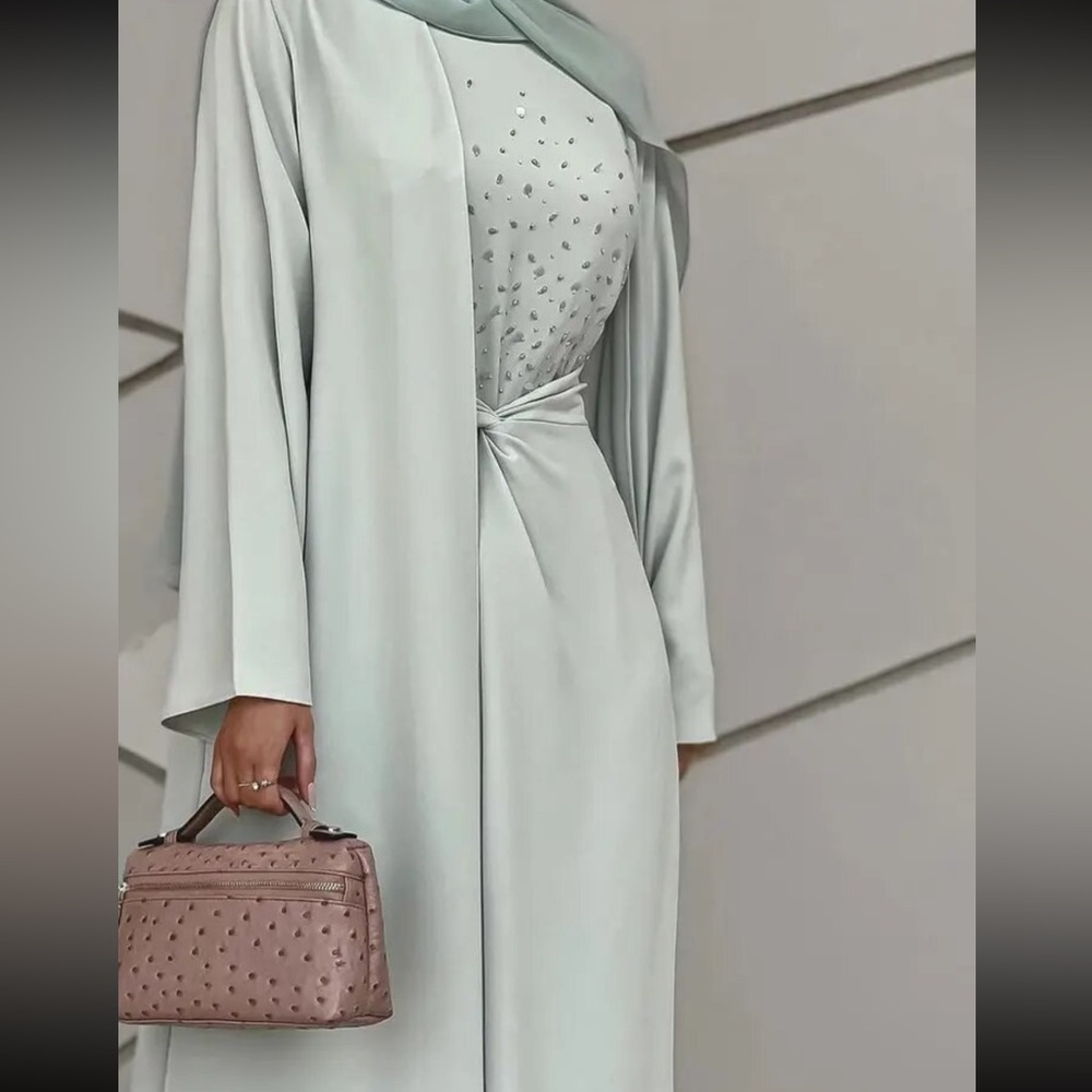 Sea-glass abaya set, three piece abaya set, dress over skirt , veiled collection